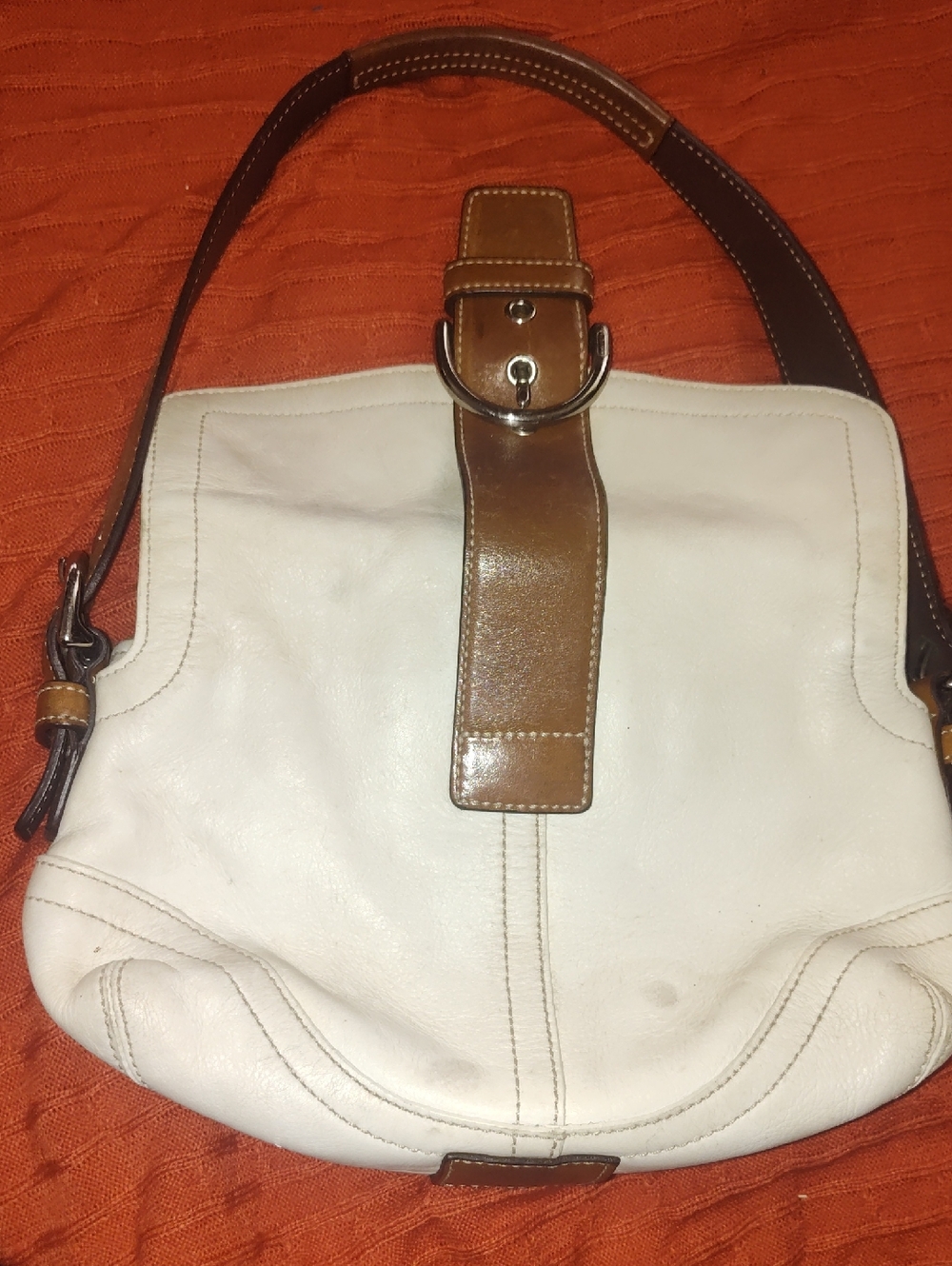 Coach White Leather Shoulder Bag with Brown Trim